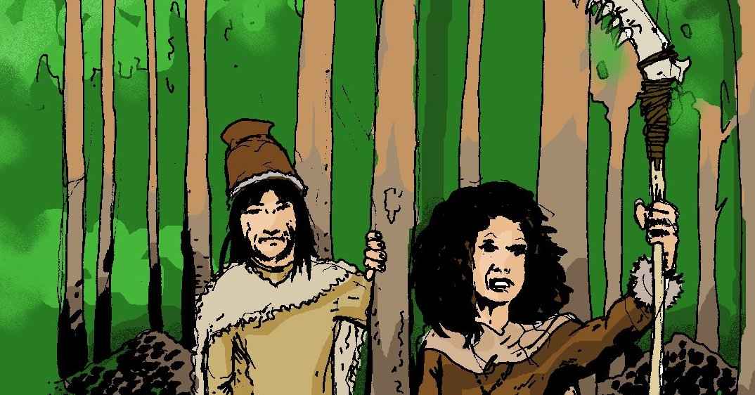 Kaksi fantasiamaailman hahmoa seisoo metsässä: mies, jolla on ruskeat vaatteet ja miekka, sekä nainen, joka pitää kädessään koristeellista sauvaa.